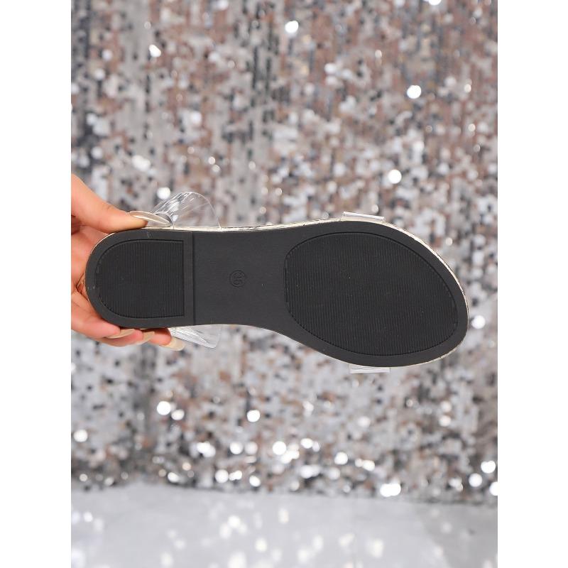 Ciabatte Piatte da Donna con Perline Strass, Design Interno Rialzante, Calzature Casual da Esterno per Spiaggia Slip-On