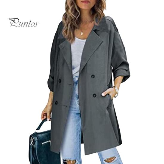 

Осень-весна Женская ветровка с отложным воротником и воротником-стойкой Двубортное свободное пальто средней длины Однотонное пальто для поездок на работу Пальто для походов XL темно-серого