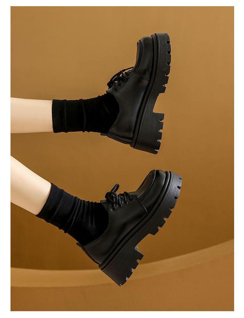 Women's Black Height-Boosting Retro Loafers - Thick Sole, British Style, 2025 Spring Collection