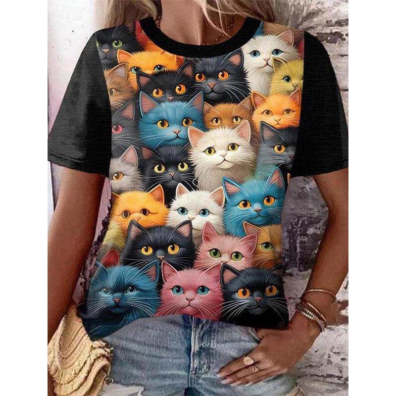 Sommer Rundhals 3D Lustiger Katze Hund Druck Top Modische Lässige Kurzarm Damen T-Shirts