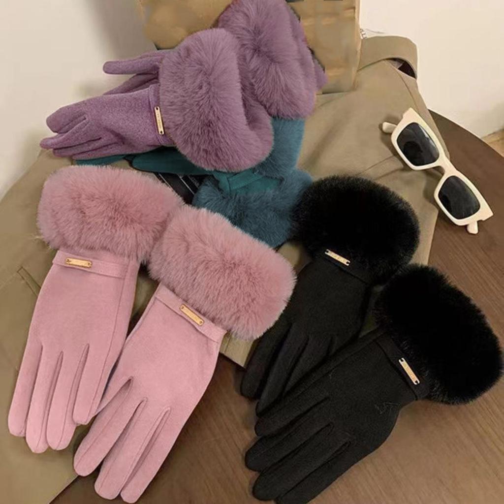 Winter Women Keep Warm Plus Velvet Touch Screen Thicken Plush Wrist Suede Gloves Fashion Personality Elegant Drive Cycling