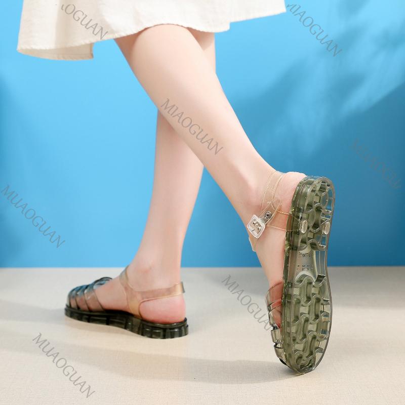 Sandali da Donna in Gelatina Tacco Basso Estivi Romani Paillettes Scarpe in Gelatina Calzature per Casa e Esterno Retrò Trasparenti Regolabili Pantofole in PVC