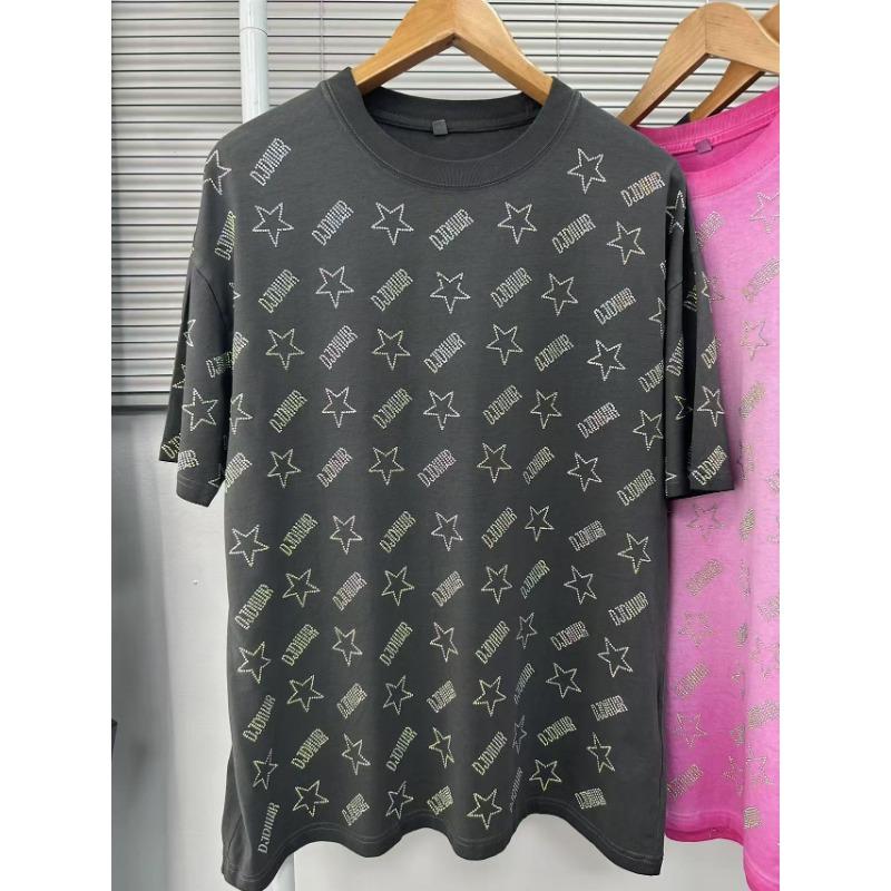Women's Summer Round-neck Short-sleeved T-shirt Heavy Diamond Ironing Washed and Aged Loose Top