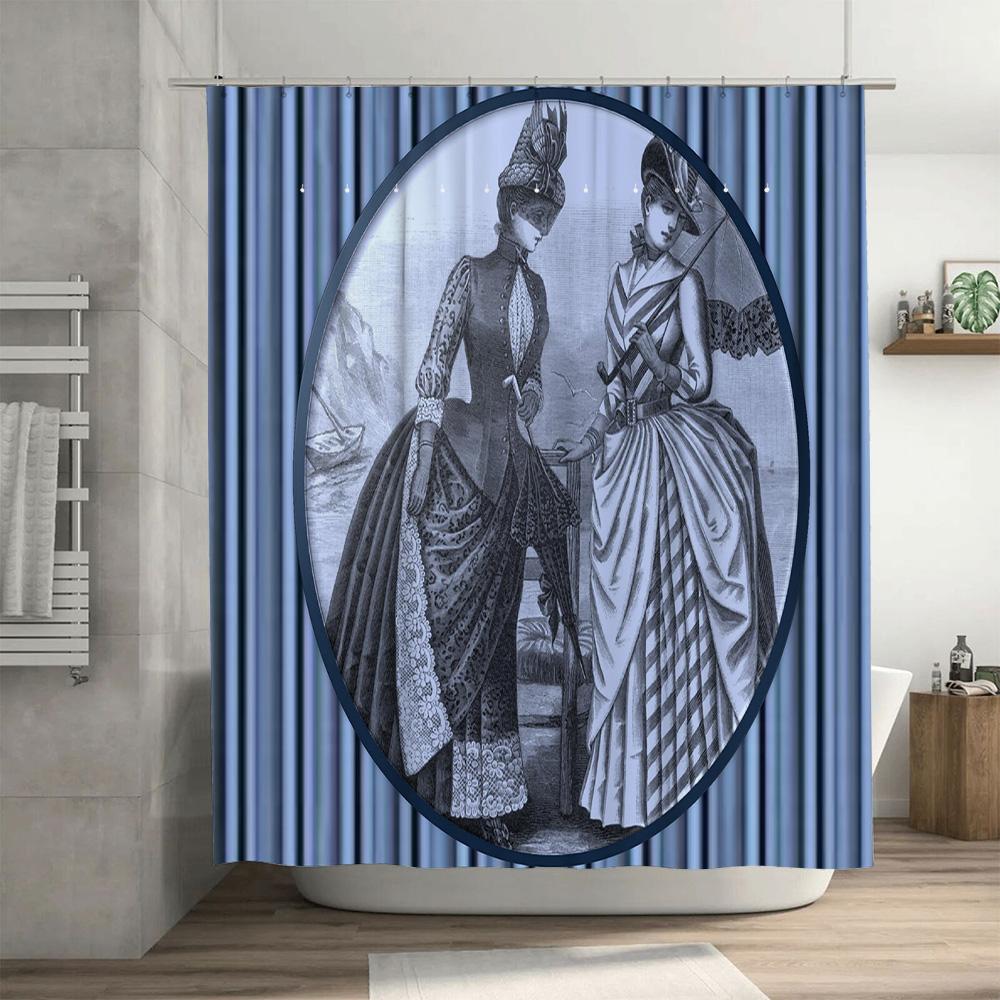 Luxury Vintage Print Shower Curtain Waterproof Bath Decorative Home Decoration Victorian Style Girl Dress Blue White Stripe Patt