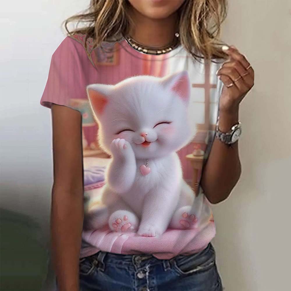 3D Print T Shirt Summer Street Cat Cartoon Tees Fashionable Tee Minimalist Pattern Women's T Shirt Round Neck Short Sleeved Top