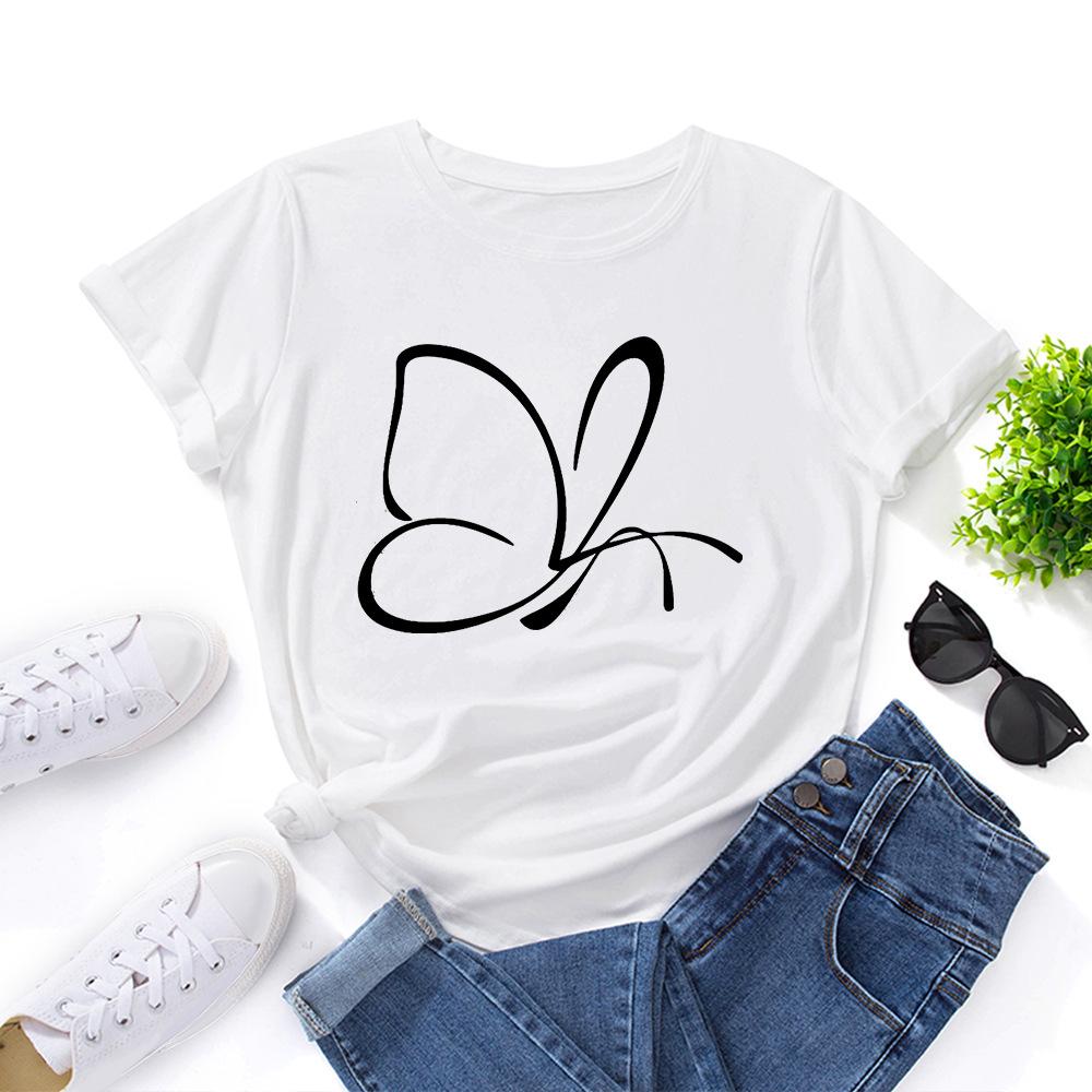 Cotton T-Shirt Short Sleeve Round Neck Women 2d Print Tops