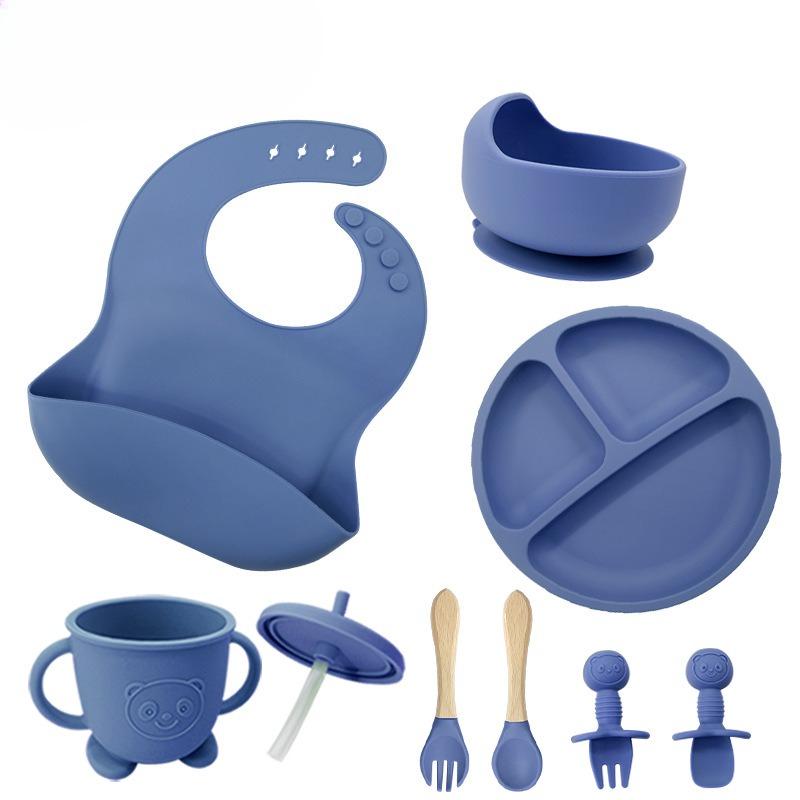 Children's silicone feeding tableware set, with suction cups on the bottom, 8 pieces