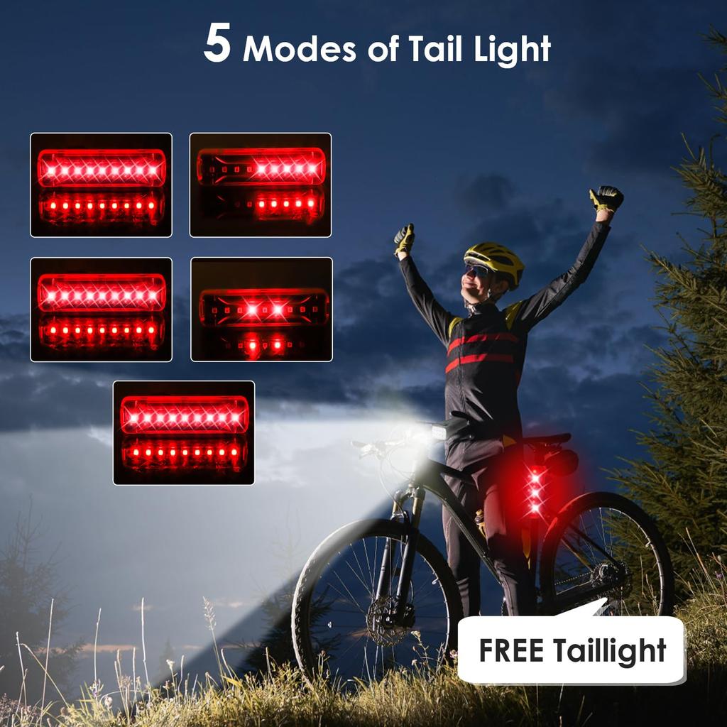 KASLIGHT Bicycle USB 5 Front Rear Handlebar Motorcycle Headlight and Taillight Combination 12-Pack Lights, 10,000 Lumens, Type-C Rechargeable, Modes,