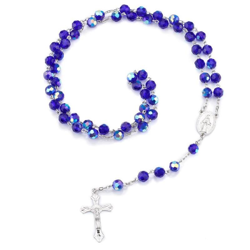 Dark Blue Glass Crystal Catholic Rosary Necklace Virgin Christ Cross Rosary Necklace