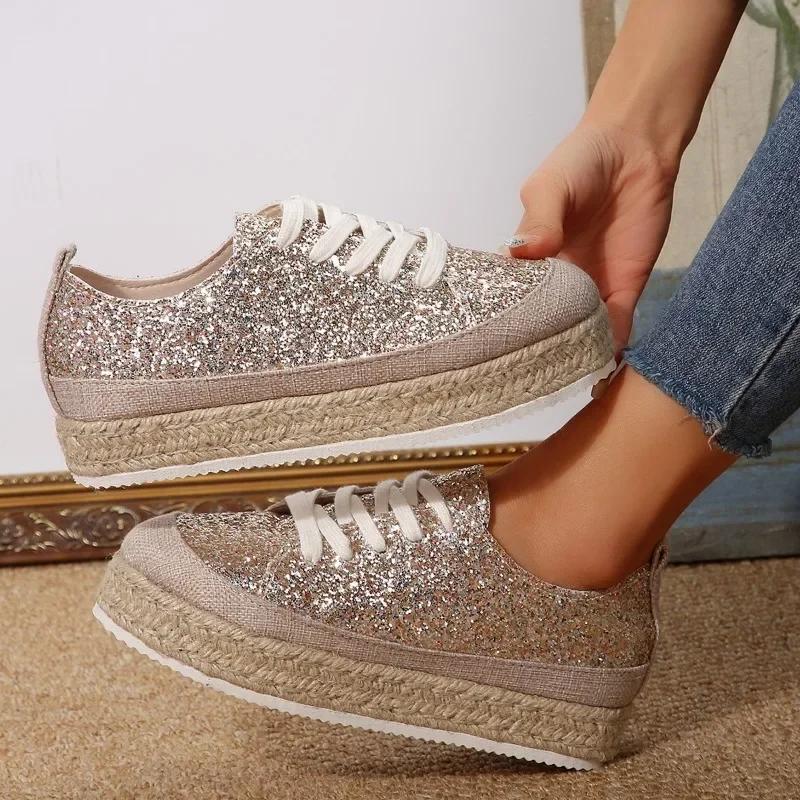 2024 Women's Shoes Lace Up Women's Vulcanize Shoes Platform Women Sneakers Bling Round Toe Flat Plus Size Ladies Casual Shoes