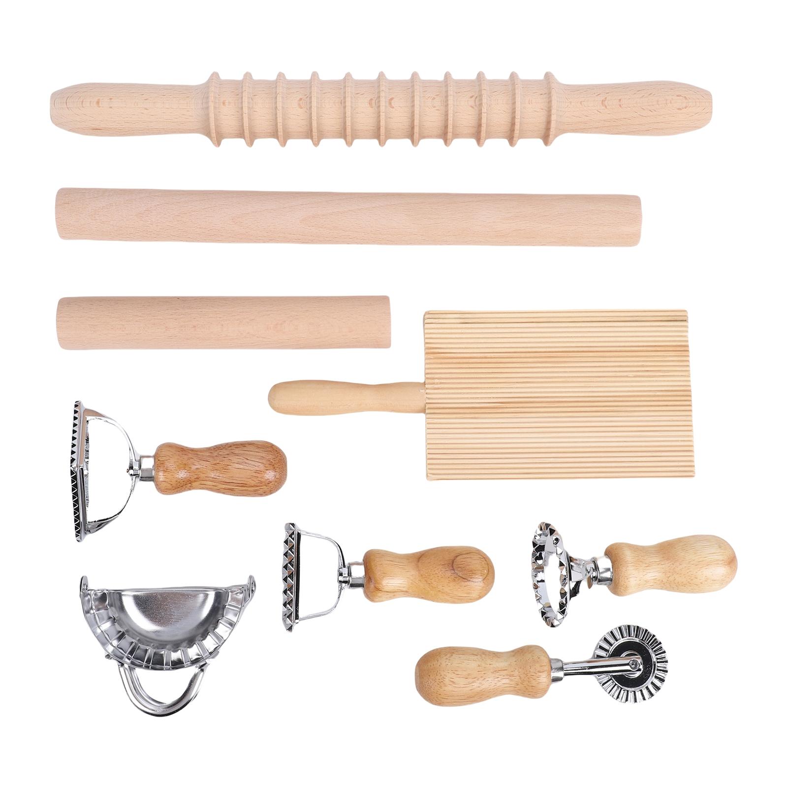 

Gnocchi Pasta Making Tools Kit Beechwood Stainless Steel Pasta Roller Pin Set with Ravioli Stamp Maker Cutter Gnocchi Board