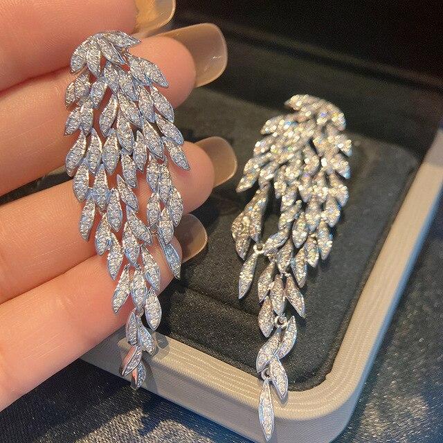 Luxury Brand Jewelry Wedding Party Long Temperament Leaf Tassel Dangle Earrings Micro Pave Cubic Zirconia Fashion Earring