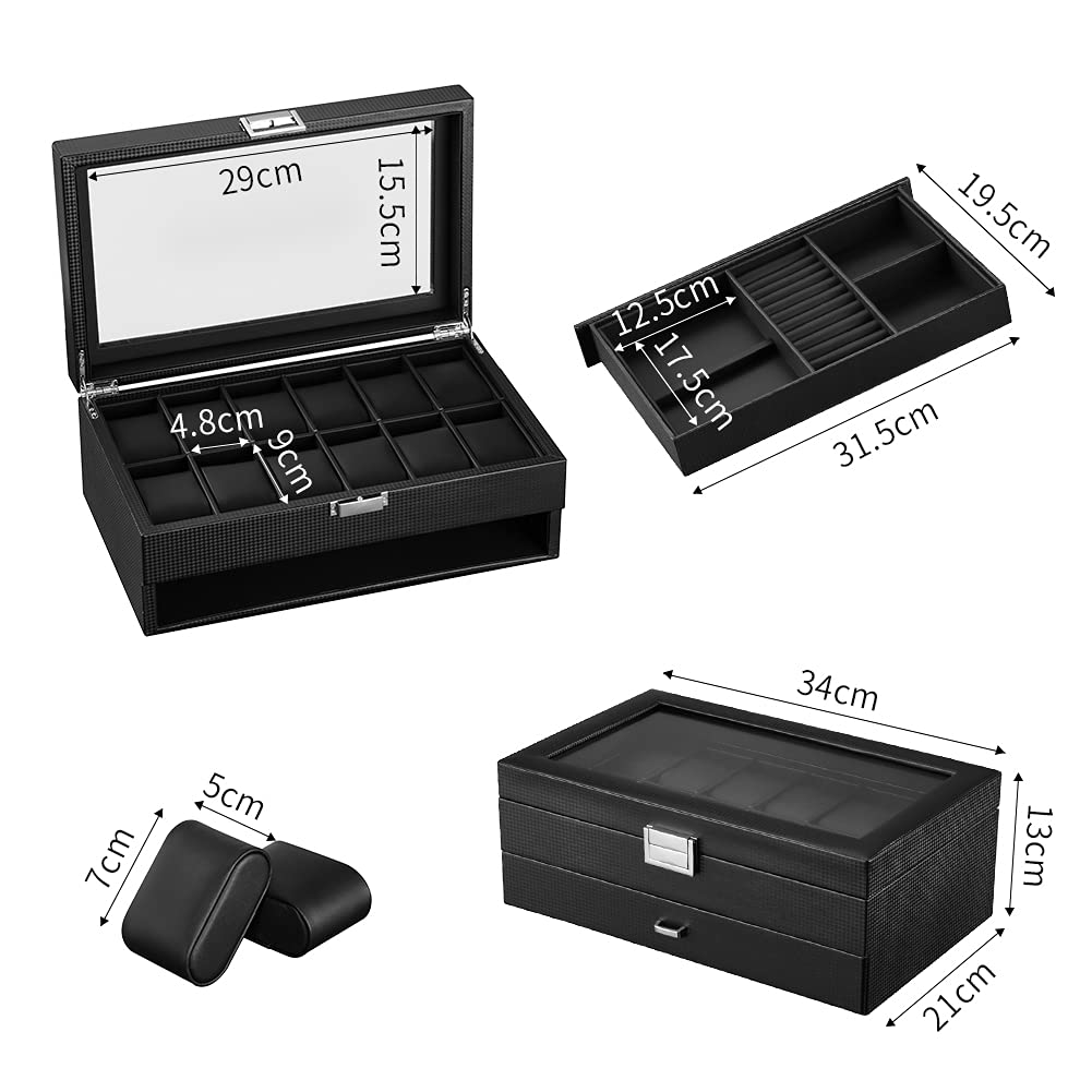 DRAIGERWAY Watch Watch Accessory Jewelry Watch Watch Watch Collection PU Leather 12 Case, Case, Box, Storage, Case, Storage, Case, (Carbon Fiber,