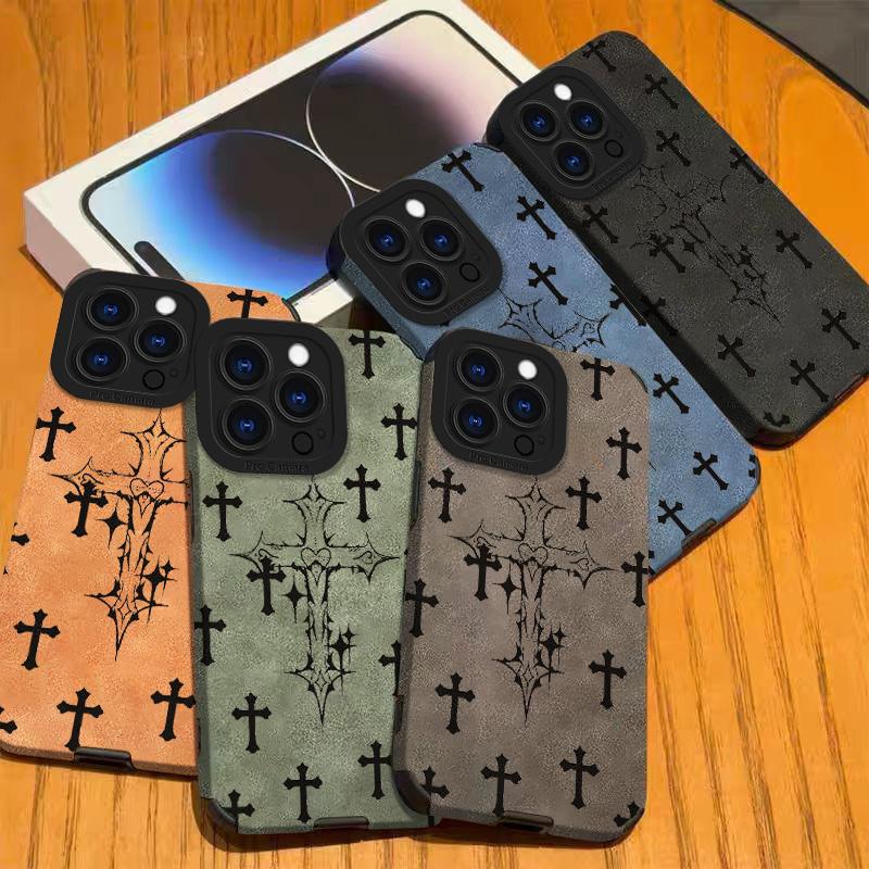 Black Cross Lambskin Leather Phone Case For iPhone 17 Pro Max Air 16 16e 15 14 13 12 11 Pro Max Plus X XS MAX XR Back Cover