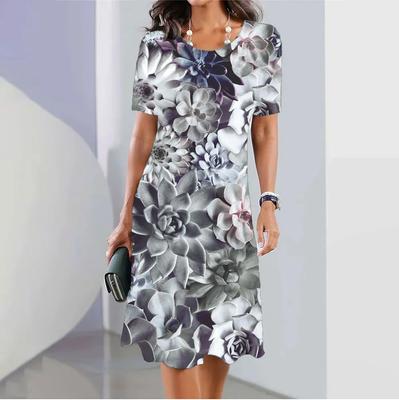 Elegantes Kleid Blumendruck Frauen Oansatz Kurzarm Kleid 2024 Neue Sommer Weibliche Beiläufige Lose Komfortable Vintage Langes Kleid