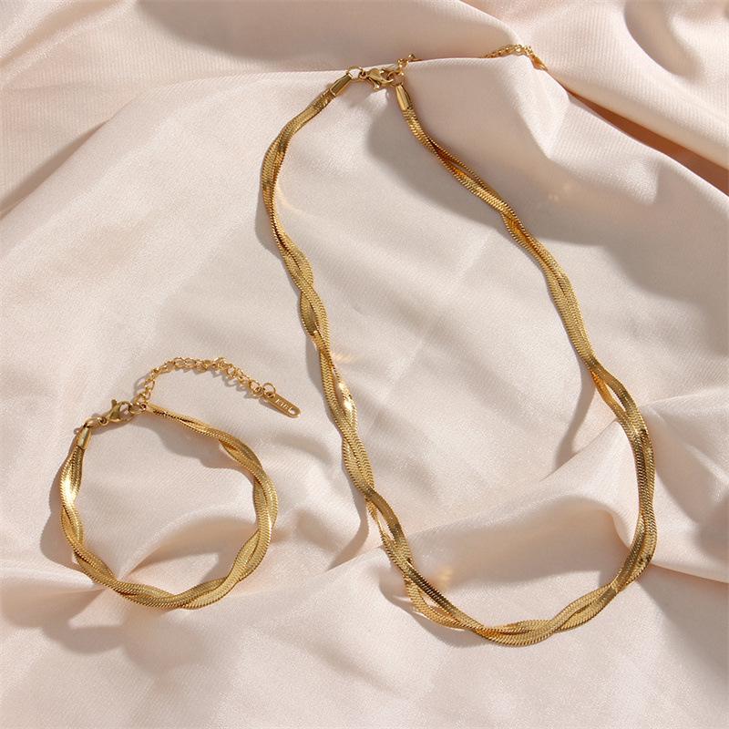 

18K Gold Plated Titanium Herringbone Bracelet & Necklace Set
