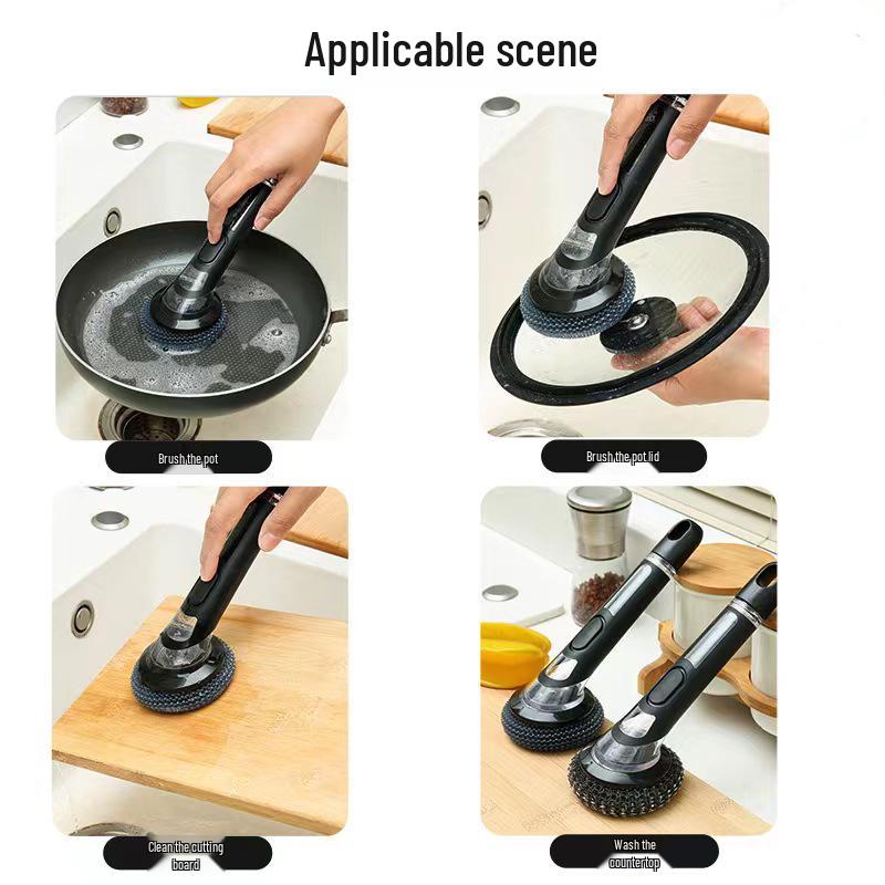 Premium Long-Handled Liquid-Dispensing Pot and Dish Brush for Efficient Kitchen Cleaning