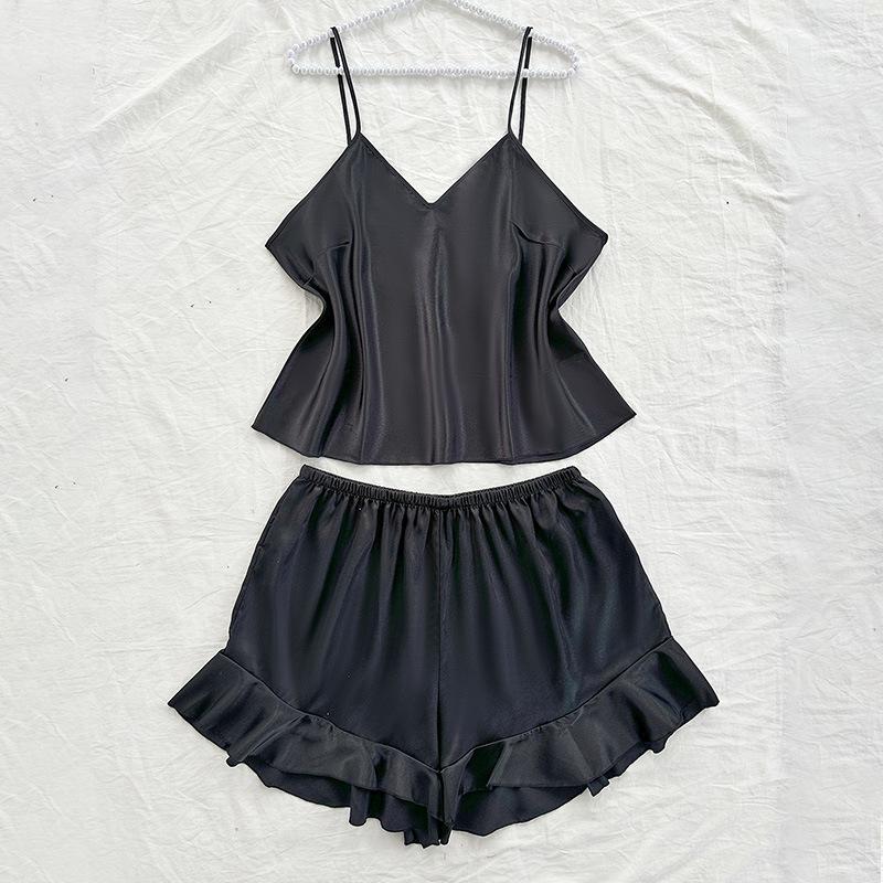 

Женская домашняя одежда большого размера из ледяного шелка, простые и тонкие пижамы из искусственного шелка, модная повседневная пижама на шнуровке 5XL чёрный