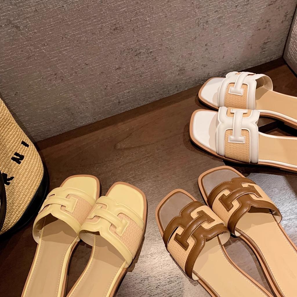 Sheepskin holiday style square head straw splicing versatile contrasting sandals women's summer outer slippers