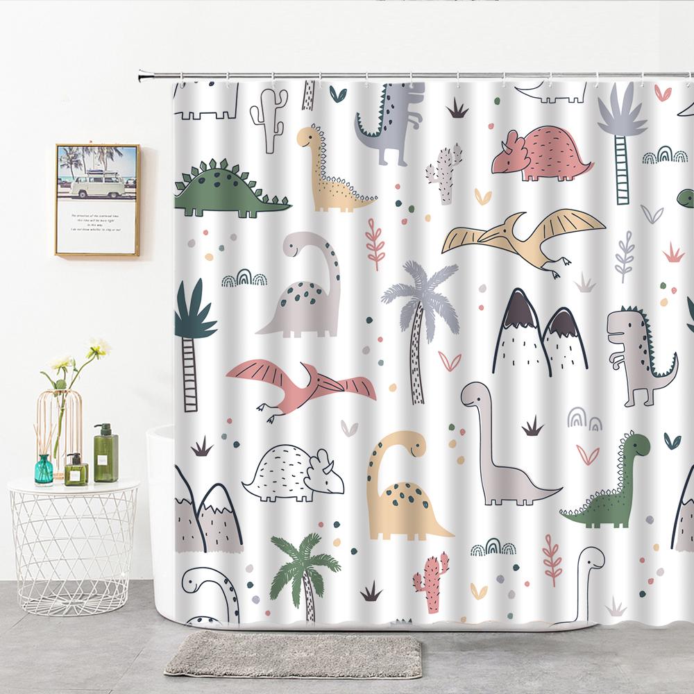 Cartoon Dinosaur Shower Curtain Fabric Hooks Children's Room Decoration Cloth Toilet Bath Curtain Home Background Wall Covering