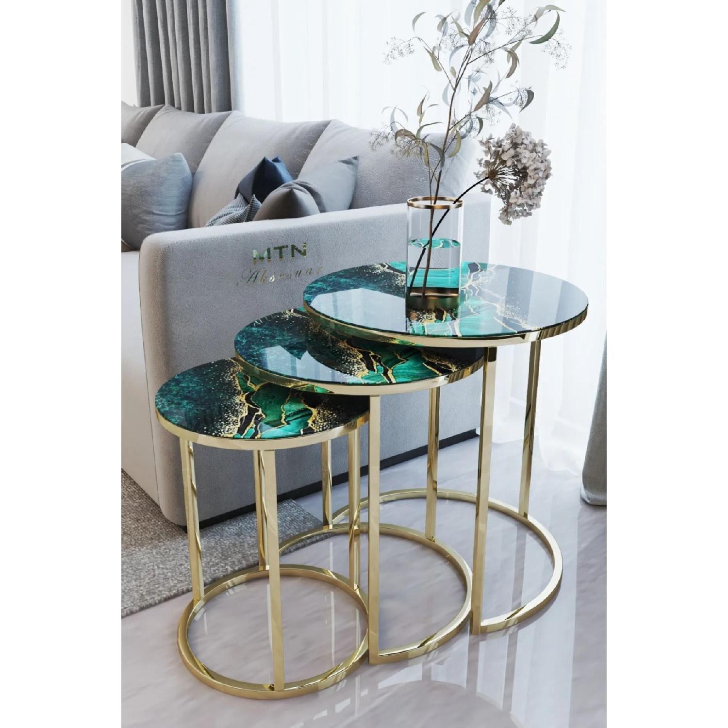 

Ecol Gold Metal Nesting Table Green Lightning Black unbreakable Glass