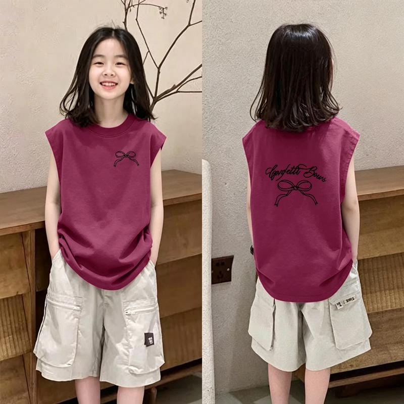Girls' Trendy Sleeveless Cotton Tee - Round Neck, Summer Style