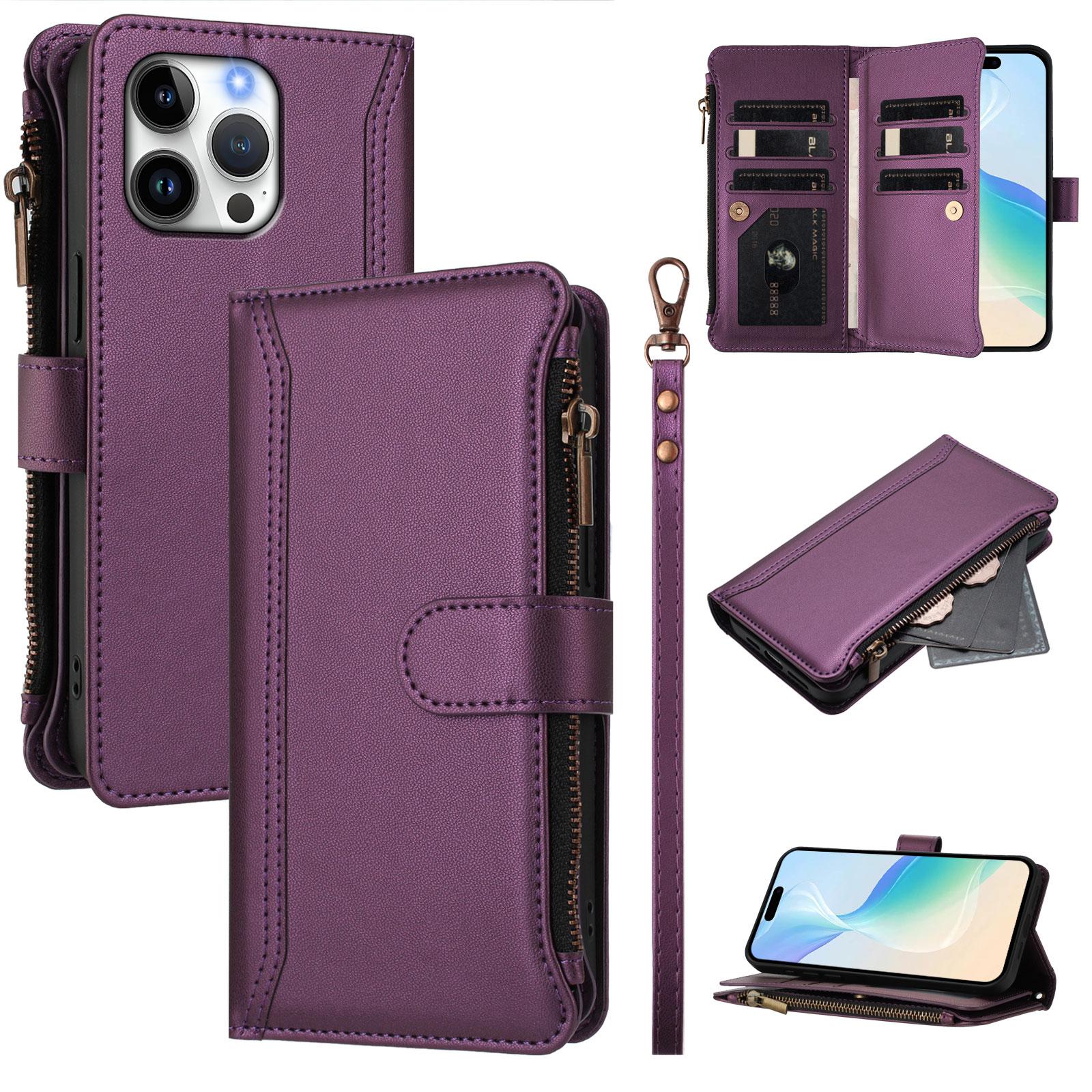

For iPhone 16 Pro Max Leather Case 9 Card Slots Zipper Wallet Stand Phone Cover with Wrist Strap Purple