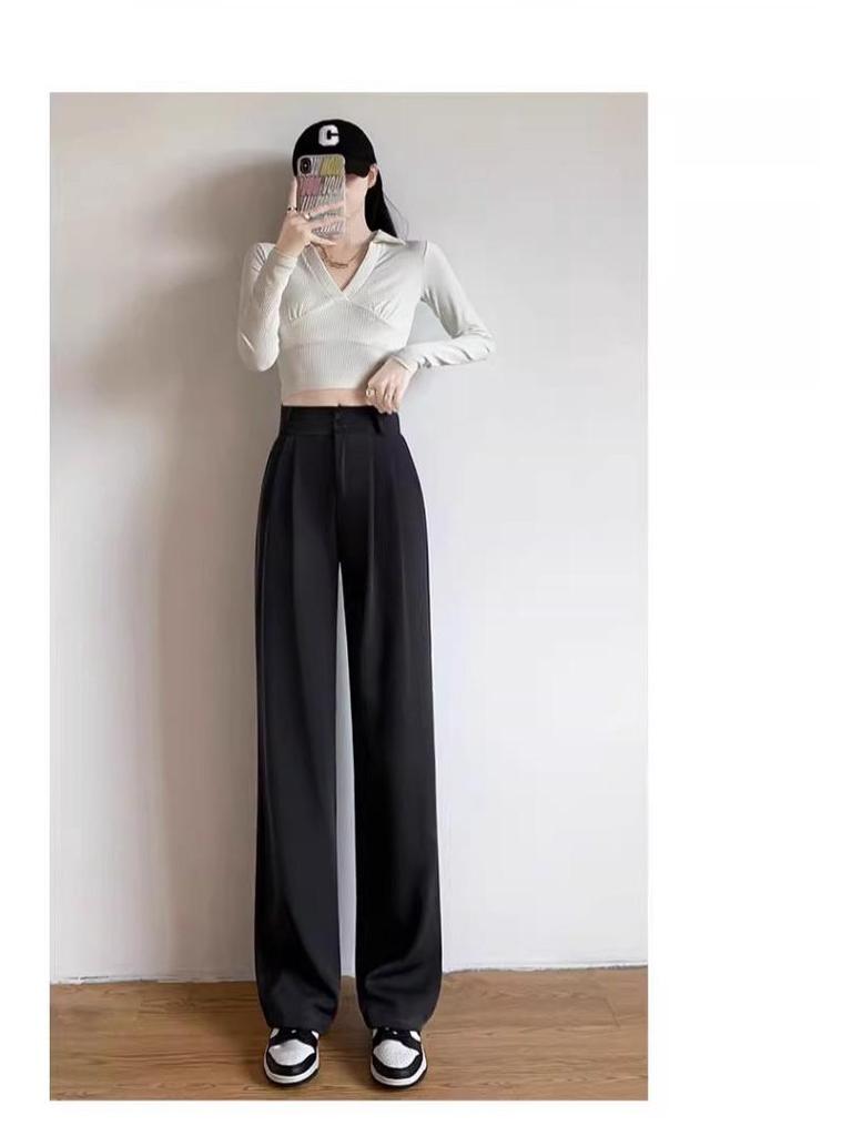 Damskie spodnie garniturowe z wysokiej półki, czarne, lejące się, z szerokimi nogawkami o prostym kroju - wyszczuplające, o swobodnym kroju na wiosnę/lato, idealne dla sylwetki w kształcie gruszki.