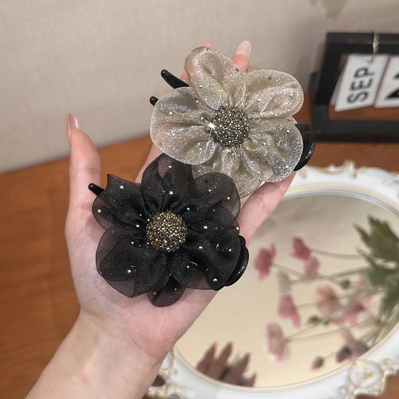 Korean Style Rhinestone Flower Top Knot Claw Clip for Women - 2025 Hairpin Headwear Fashion