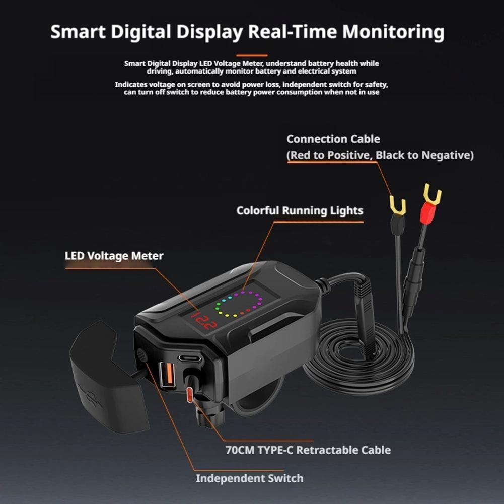 Motorcycle Phone Charger 3-Port Fast Charging 30W PD+18W USB-A+30W Retractable Type-C Cable Power Supply Adapter With Voltmeter