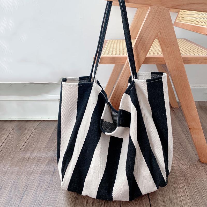 Yogodlns Women Striped Shoulder Bag Simple Carrying Bag Large Capacity Stylish Shoulder Purse Casual Shopping Bag Canvas Commuting Bag
