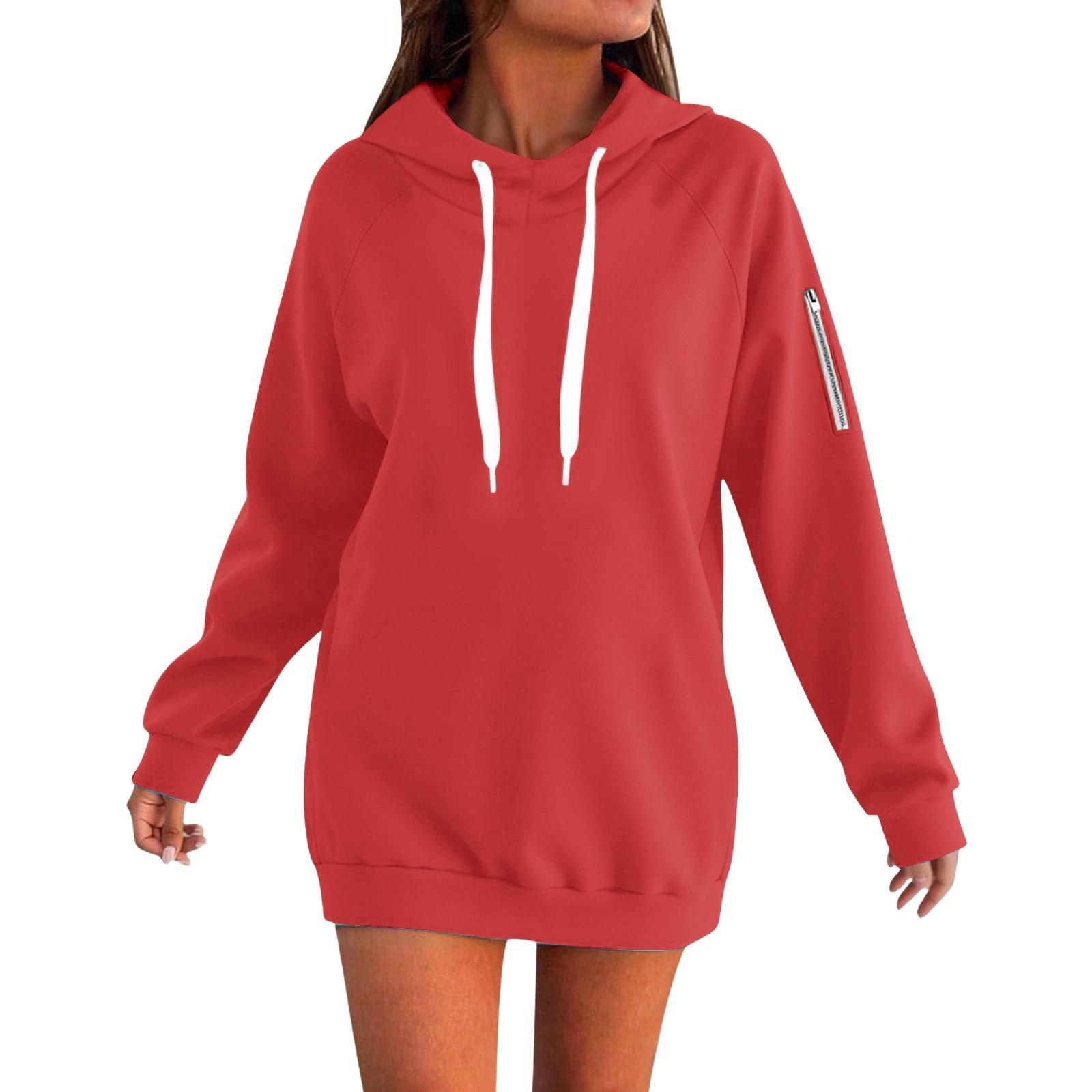 

Women s Loose Long Sleeved Solid Color Hooded Sweatshirt With Velvet Drawstring XL червоний
