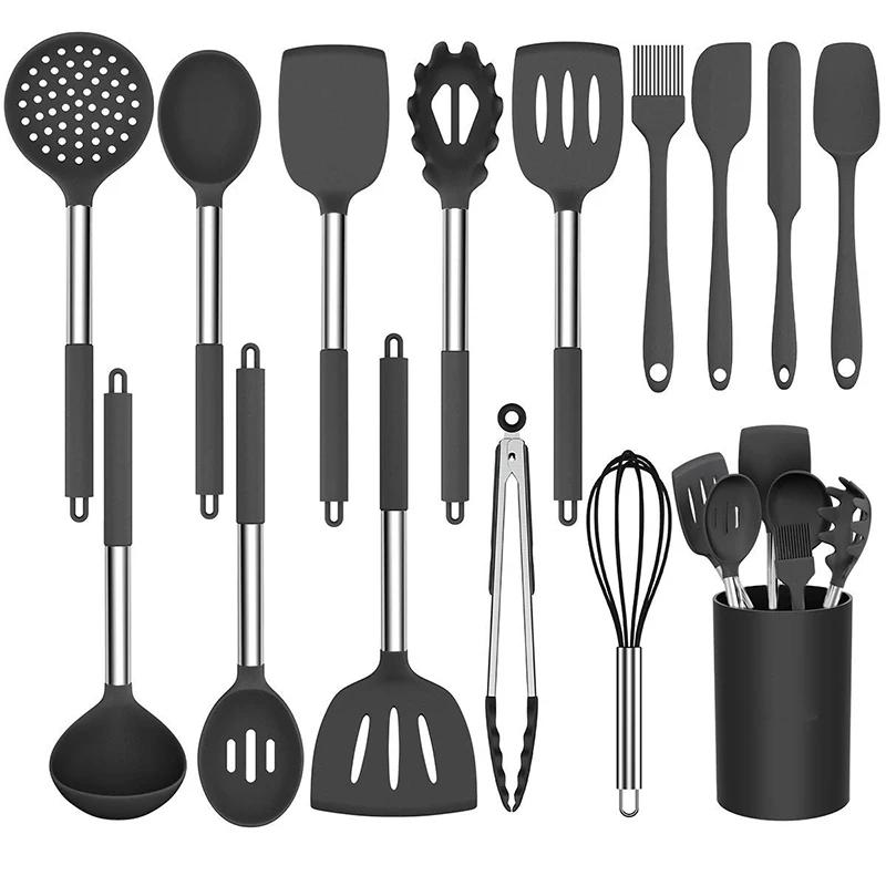 

15pcs Set Non-stick Heat Resistan BPA-Free Stainless Steel Handle Tools Whisk Silicone Cooking Utensil Set Chef Kitchen Utensils чорний