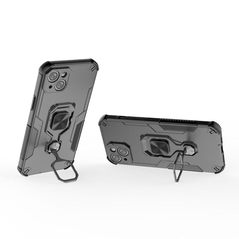 For iPhone 14 Phone Case WANLONFENG PC TPU Back Cover Kickstand with Tempered Glass