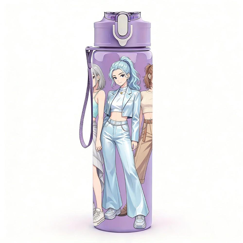 1PC Two Ladies Light Denim Outfit 750ml Color Plastic Sports Water Bottle Leakproof Flip Straw Lid Suitable for Sports Office Home Use