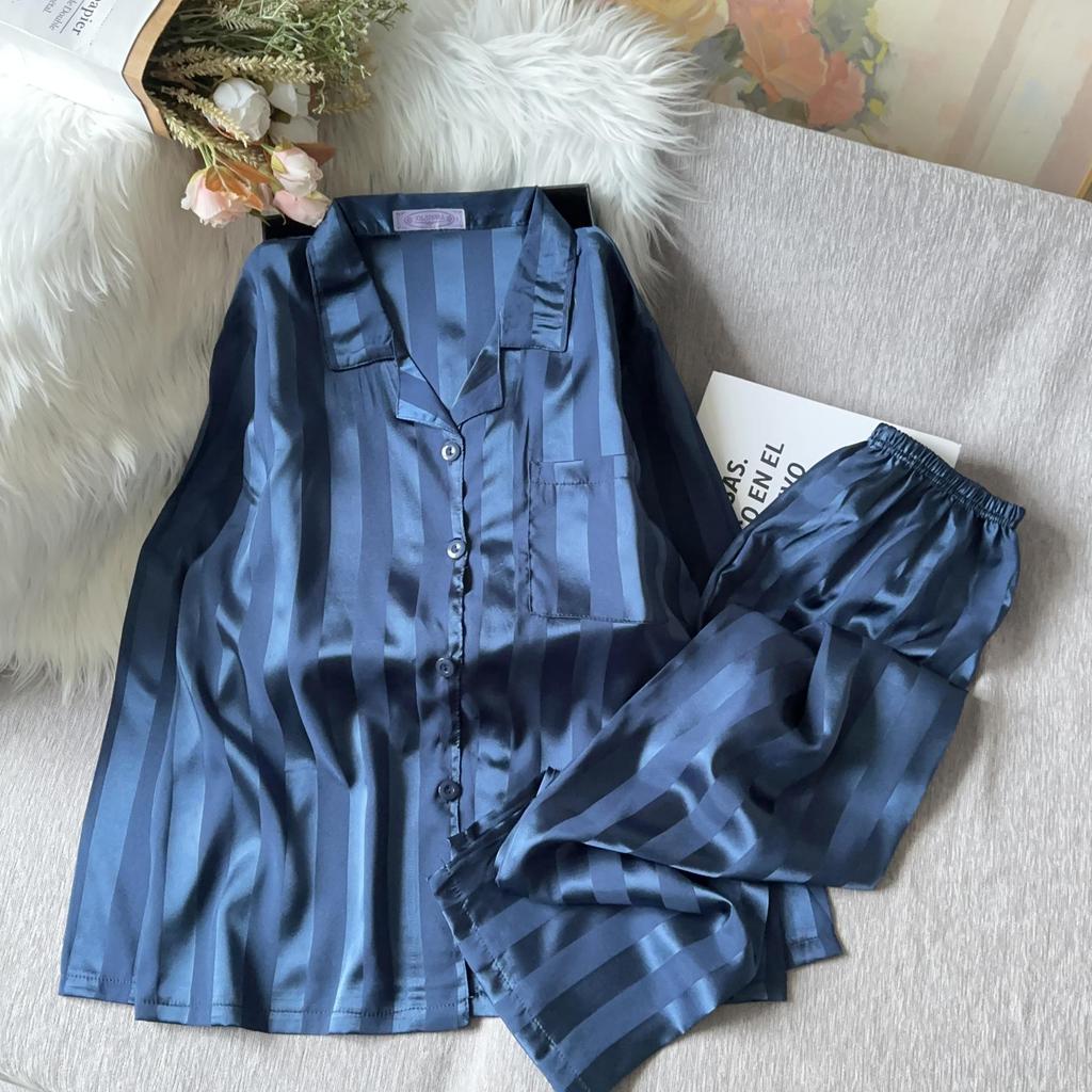 Women's Spring & Autumn Jacquard Stripe High-End Imitation Silk Pajamas Set - Outdoor Wearable