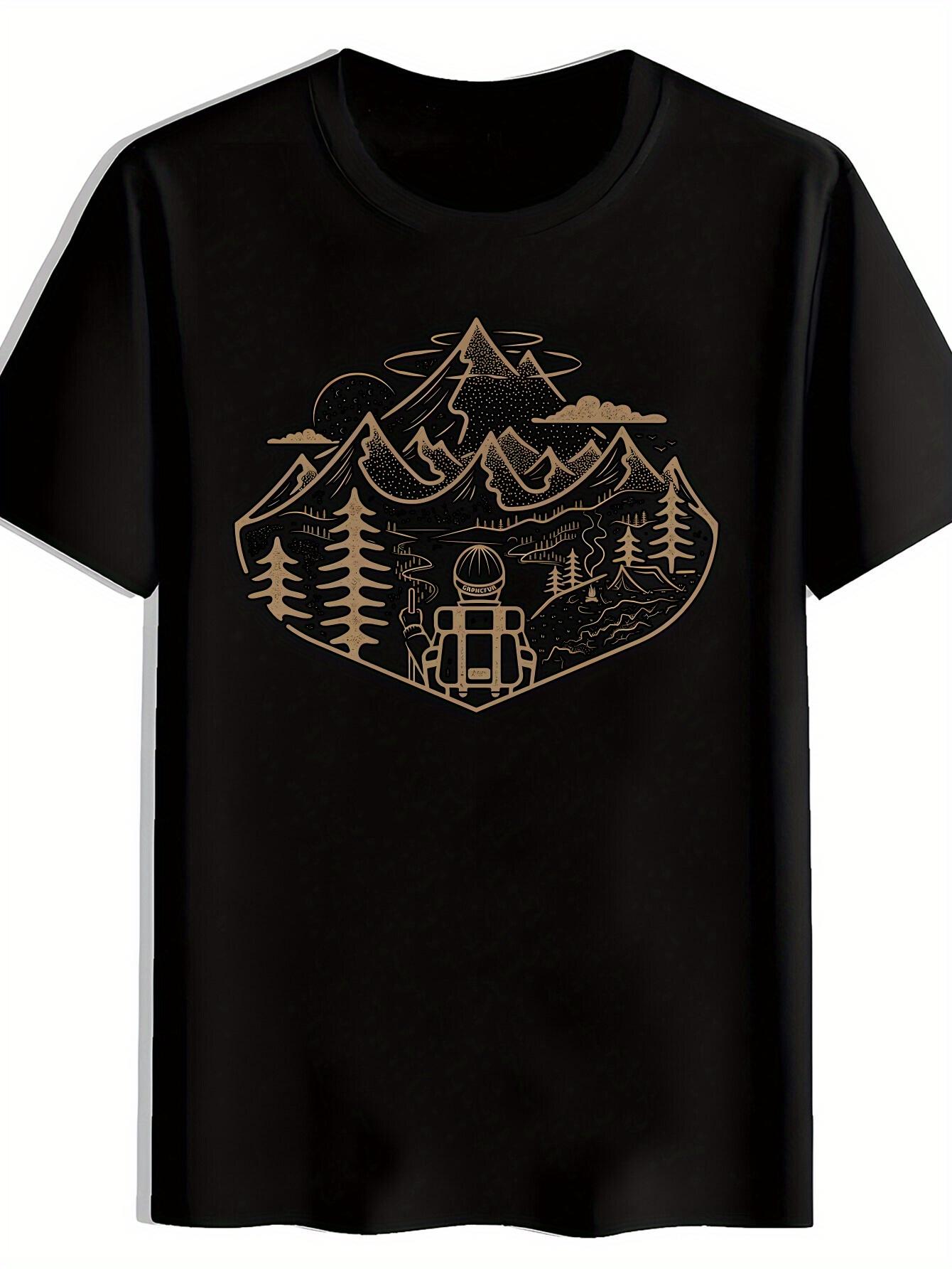 Vintage Rock Band Graphic T-shirt - Black Short Sleeve Round Neck Tee with Mountain Landscape Print XXL