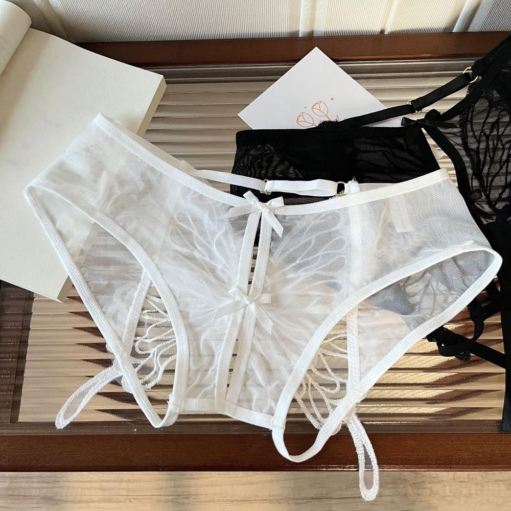Sheer Mesh Ribbon Bow Briefs Embroidery Butterfly Panties Fashion Open Crotch Briefs Ladies Girls