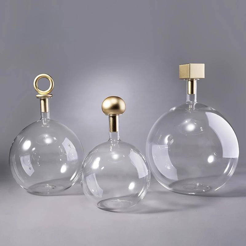 Glass Vase Transparent Sphere Metallic Copper Cover Airtight Container Hydroponic Terrarium Decoration Accessories Vases Pots