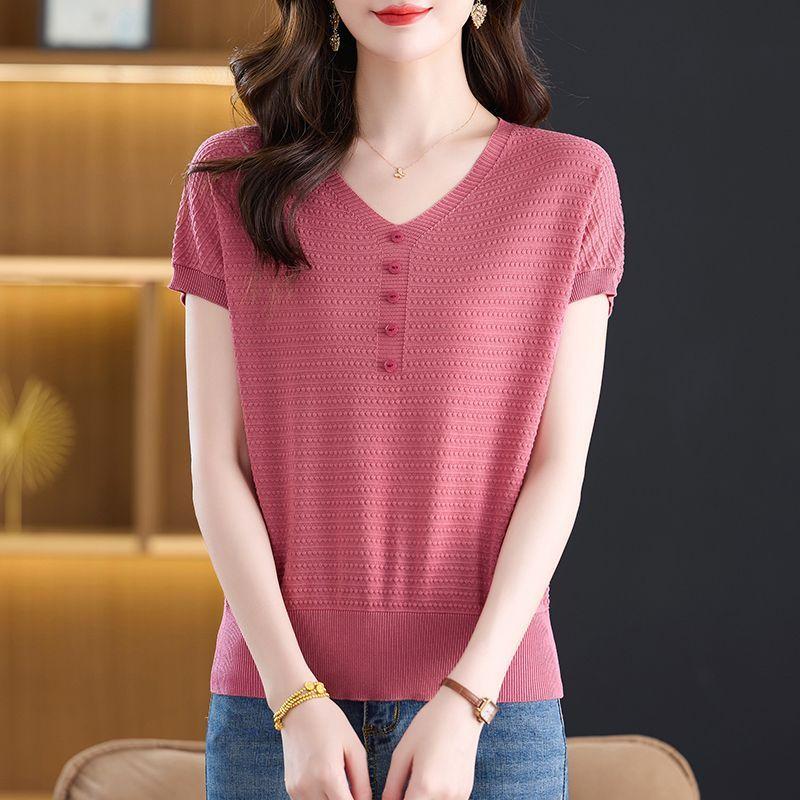 

Summer Women s Knitted Short Sleeved T-shirt Solid Color V-neck Knitted Shirt Mom s Short Sleeved Top Women 2XL троянди рожеві кольору