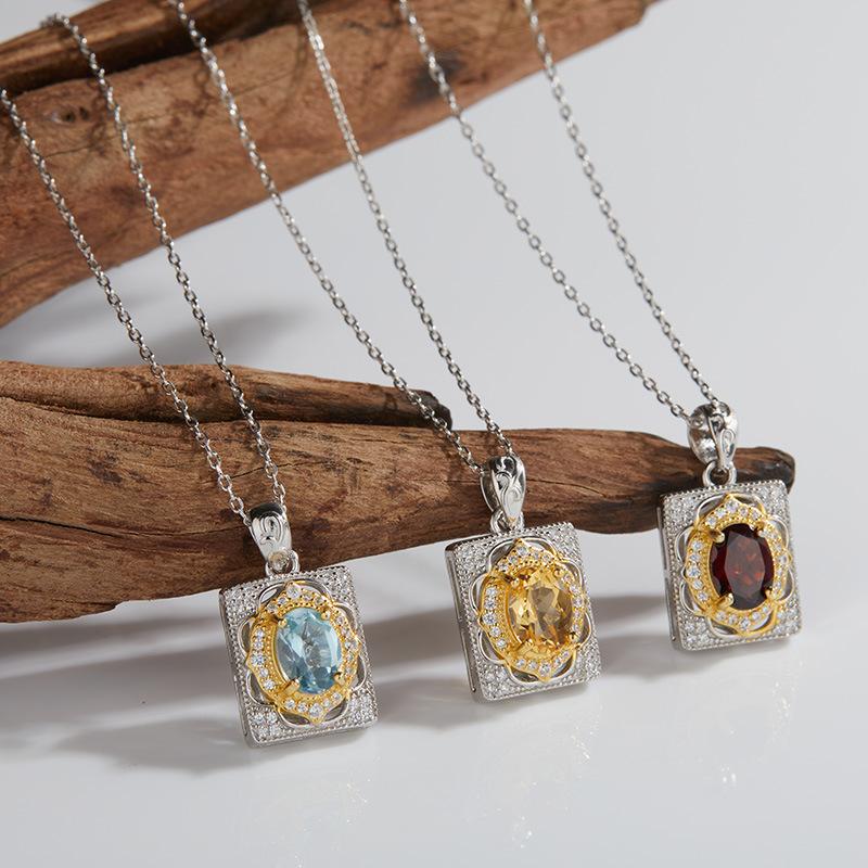 S925 Sterling Silver Inlaid With Natural Topaz Citrine Garnet Colored Treasure Necklace Women'S Simple Retro High-End Pendant