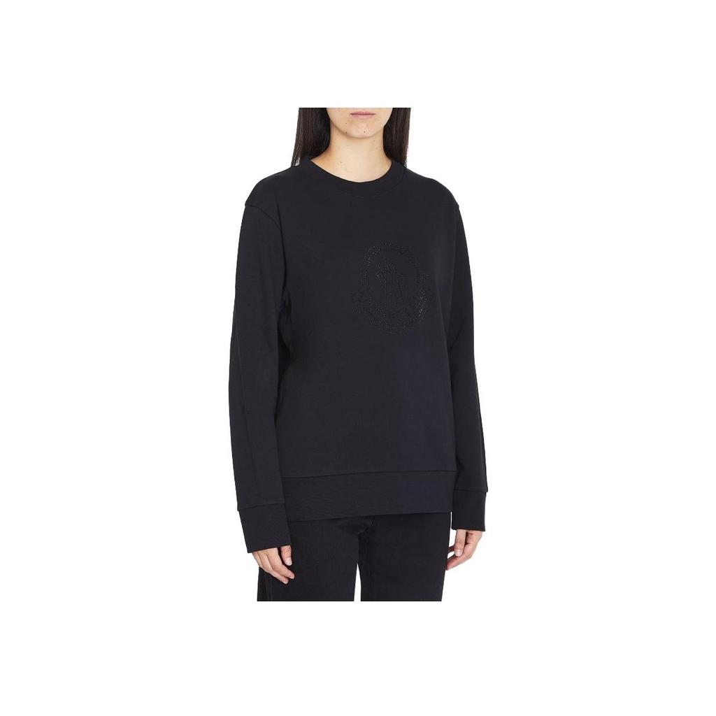 Moncler Monochrome Crystal Logo Crew Neck Long Sleeve Sweatshirt Women sweatshirt Black 8G00053899TR999