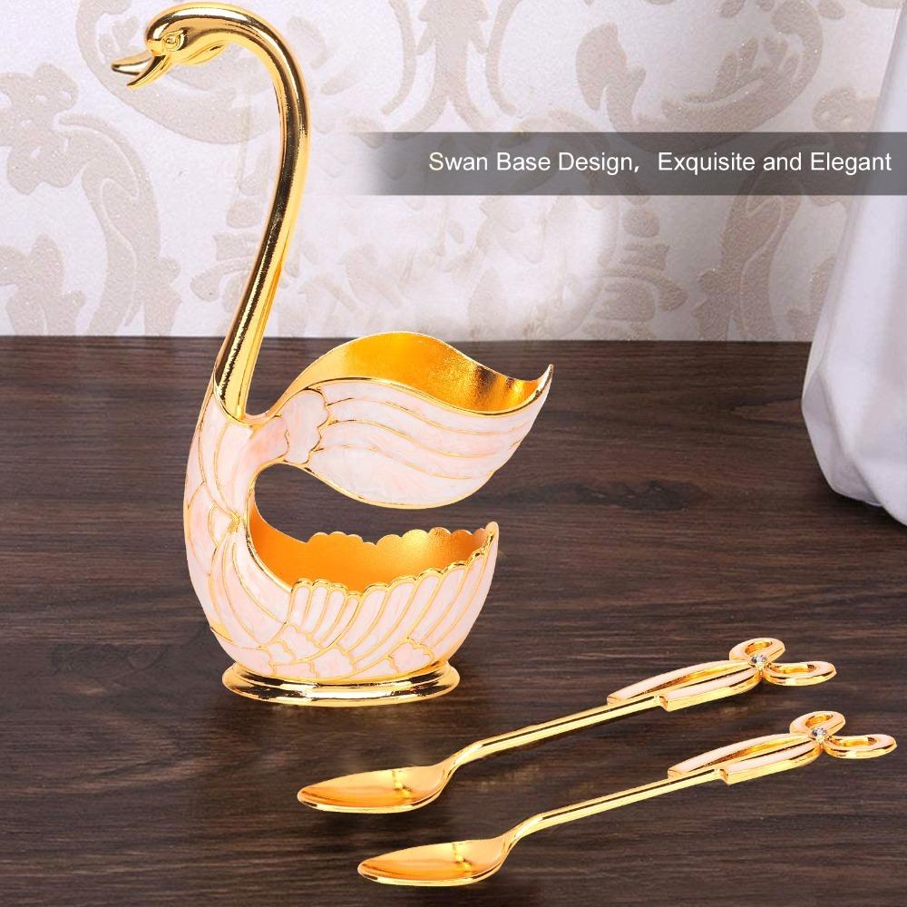 7pcs Swan Base Holder Dessert Spoon Set Gold Tea Spoon Set Dessert Spoons Fruit Spoon Set  For Fruit