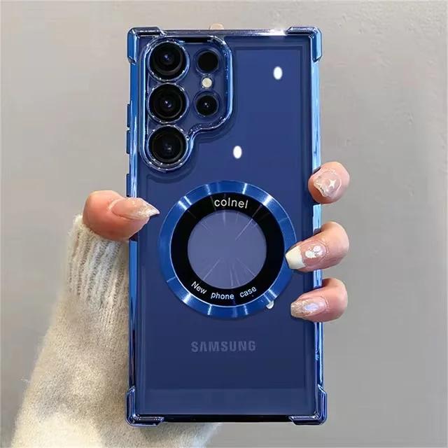 Luxus Galvanisiert Magnetische Kabellose Ladehülle Für Samsung S26 S25 S24 Ultra S23 FE S22 Plus Note 20 Klare Linsen Schutzhülle