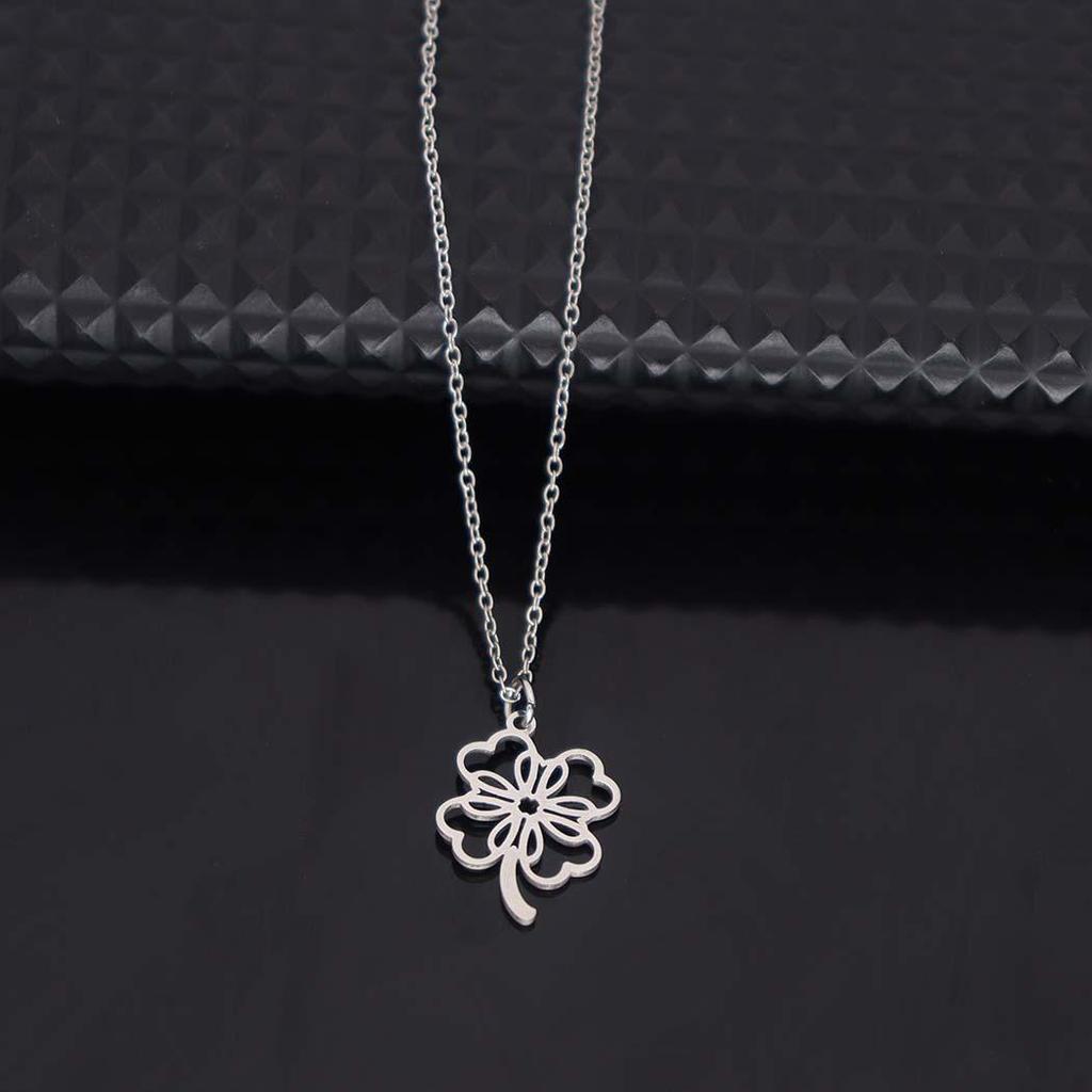 Stainless Steel Hollow Four-Leaf Clover Pendant Necklace for Women
