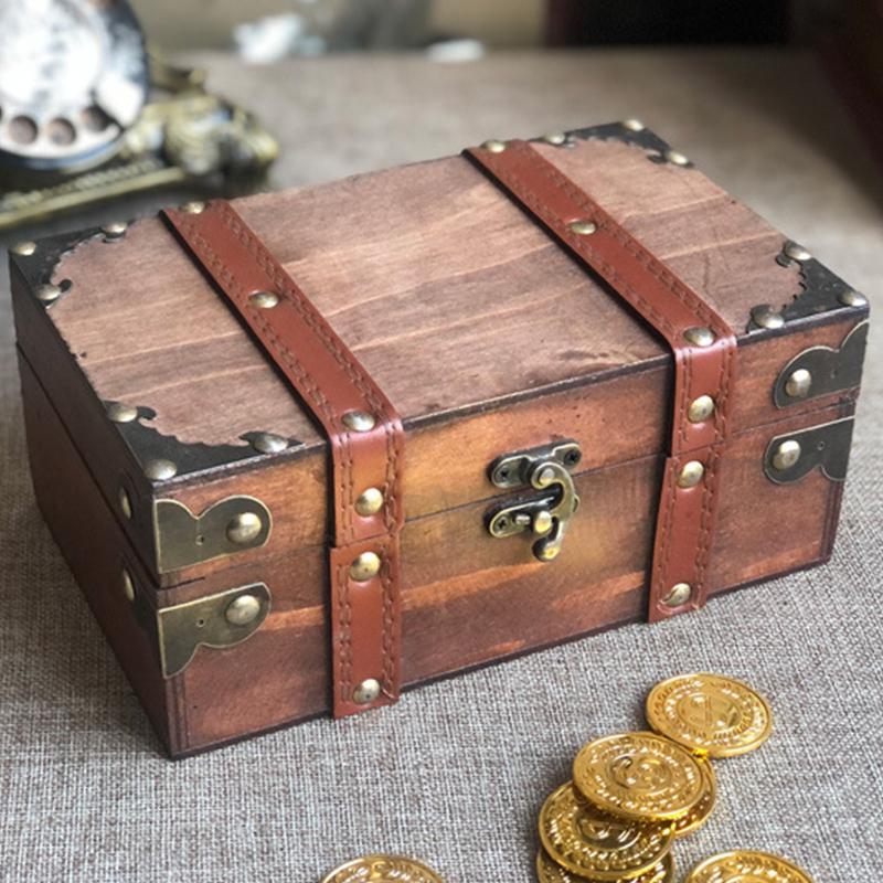 

Retro Wooden Storage Box Retro Treasure Jewelry Necklace Postcard and Small Objects Storage Case Trinket Chest with Lock 21x13.5x9cm