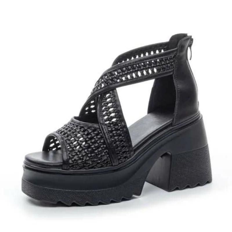 Fashion High Quality 10CM Genuine Leather Peep Toe Shoes Chunky Heels Sandals Pumps Platform Wedge Summer Fashion Ankle Booties Women