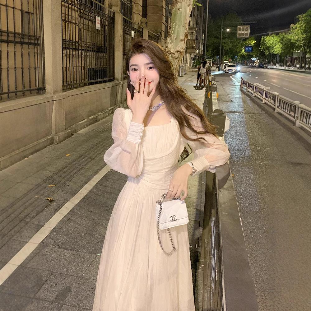 Women's Slimming Square Neck Chiffon Dress - Long Sleeve, Mid-Length, British Style for Spring/Autumn