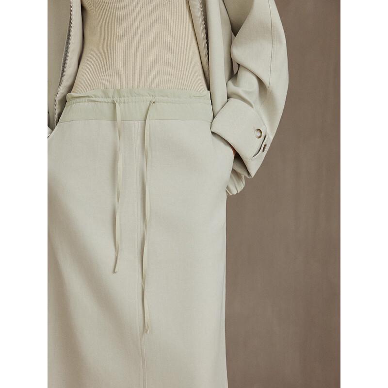 ELLE Ruffle Trim Drawstring Linen Blend Midi Skirt