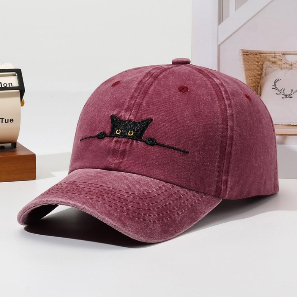 

Fashion Cartoon Cat Embroidery Baseball Cap Visor Washed Cotton Peaked Cap Adjustable Sunscreen Hats For Man Women вино красного